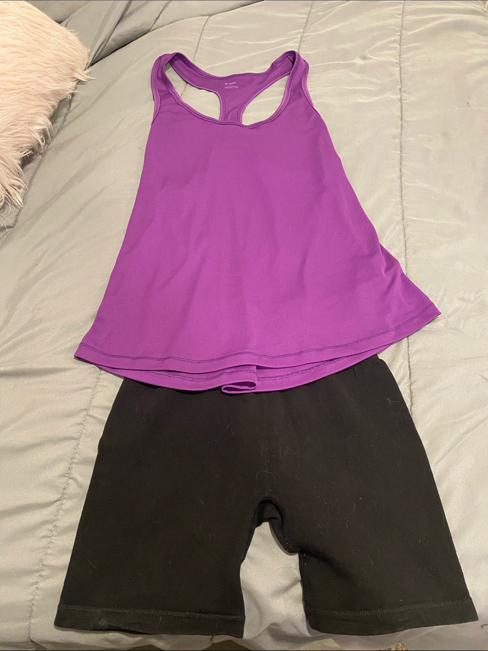 Work Out Set…. Soffe Purple Racerback Tank Top, with Black biker shorts